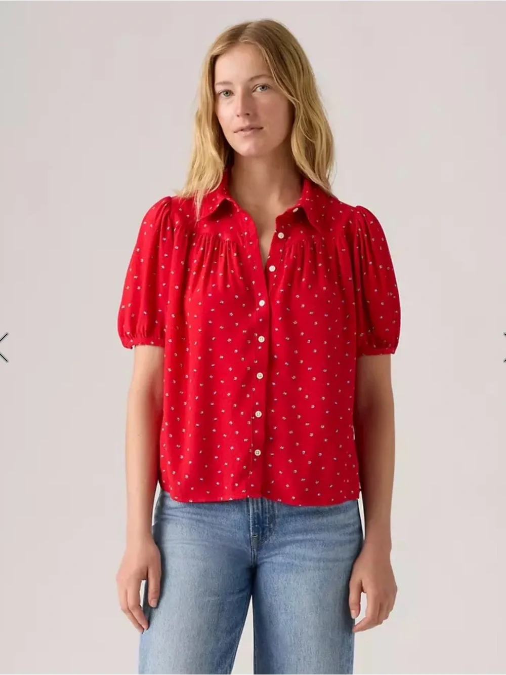 Levi's Red Short-Sleeve Button-Front Top with Micro Print-flowers size Large